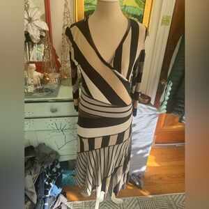 Lynn Ritchie Silver Maxi Dress M Faux Wrap Striped Stretch Rayon VGUC Dressy